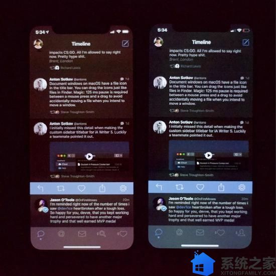 ? 照片： U/DEFYING 帖子作者称，iPhone Xs屏幕在最小亮度值下看起来“非常糟糕”；他附上了iPhone X上的照片作为比对。